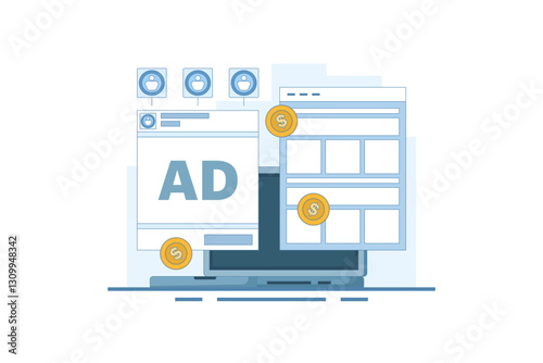 Social media advertising concept sending traffic to website, social media web traffic campaign, social media ads generate sales. Digital advertising campaign. Flat vector illustration on background.