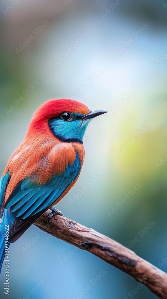Fototapeta premium Bright beautiful bird perched on branch against a blurred backdrop