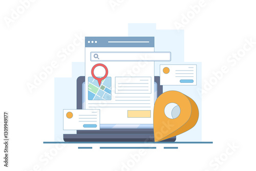 Search engine map concept, Search engine showing business location in search results, Business address in search results. Local map optimization. Analysis showing data. Vector illustration.