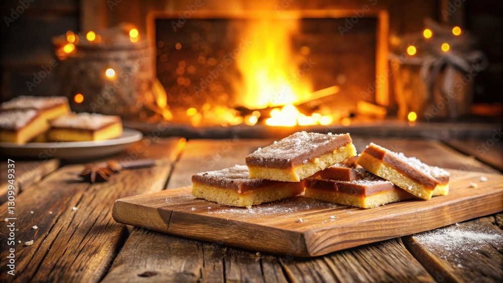 Obraz premium Warm, Cozy, and Delicious Homemade Buttery Squares with a Sprinkle of Powdered Sugar, Served on a Rustic Wooden Cutting Board Before a Crackling Fire.