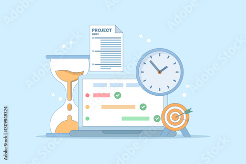Project management concept, compiling program checklist on laptop monitor screen near target paper hourglass project summary. checking tasks completed within project management time.