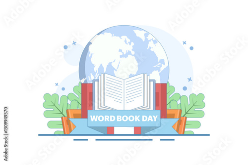 world book day concept. fond of reading books. illustration of stack of books, leaves. knowledge and hobby. happy reader reading book with flat style design. element. flat vector illustration.