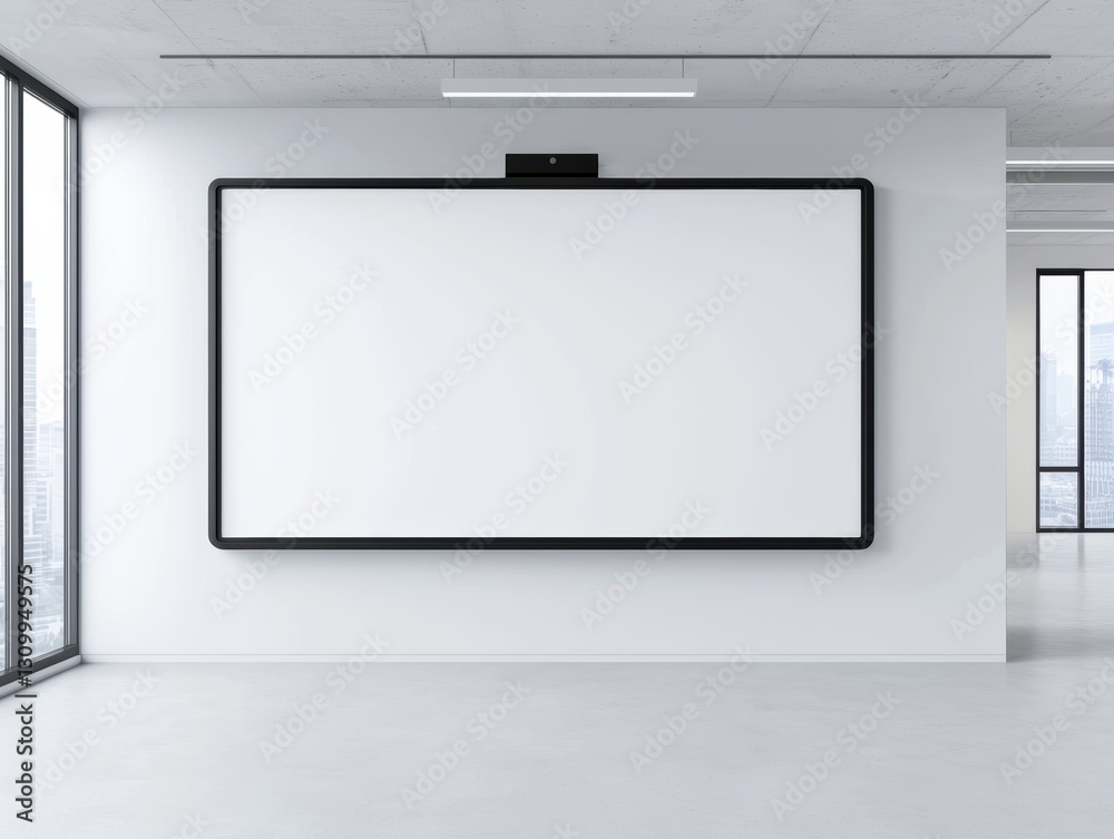Virtual whiteboard on a computer screen, in an empty office with a tech vibe, prepared for remote collaboration in a business context Virtual whiteboard on a computer screen, in an empty office with a tech vibe, prepared for remote collaboration in a business context