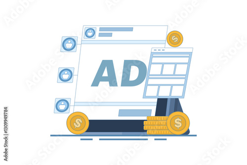 Social media advertising concept sending traffic to website, social media web traffic campaign, social media ads generate sales. Digital advertising campaign. Flat vector illustration on background.