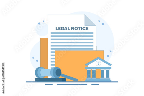 Legal Notice Concept. Legal Notice Document with Judge's Hammer. Corporate documents, agreement review, data protection metaphor. Flat Vector Illustration on Background.