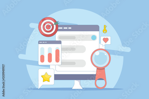 Keyword research concept, keyword targeting, SEO keyword optimization, keyword analysis tool. Search engine marketing with keyword grouping strategy. Flat vector illustration on background.