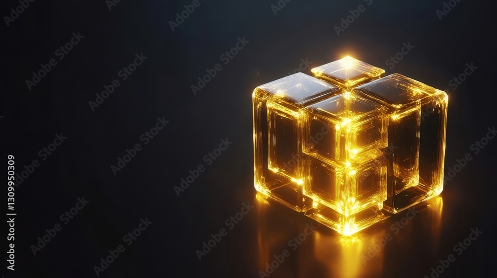 Golden cube glowing dark background Golden cube glowing dark background