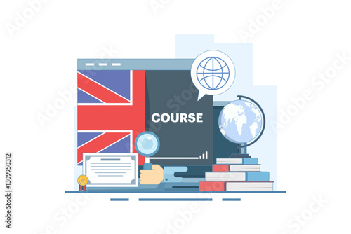 Concept of online English education courses, e-learning and distance learning, foreign language lessons education on the internet, digital marketing. Flat vector illustration on the background.