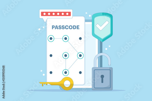 Lock screen concept set input passcode on smartphone screen with password protection padlock. Data protection, internet security and cyber security. Flat vector illustration on background.