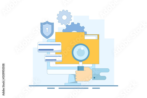 File manager concept. Manage, edit, search and organize files. Document security and protection technology. Folder, shield, magnifying glass, gear. Graphic element design illustration.