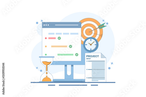 Project management concept, compiling program checklist on laptop monitor screen near target paper hourglass project summary. checking tasks completed within project management time.