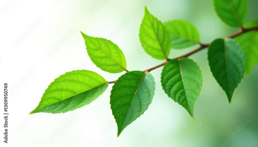Focus on a single branch with leaves isolated against white, foliage, botanical, closeup Focus on a single branch with leaves isolated against white, foliage, botanical, closeup