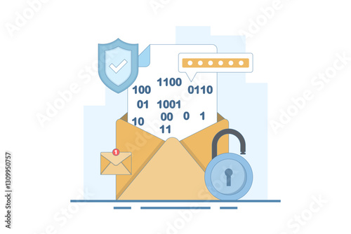 Email password encryption message concept, secure chat and secret message, security and protection for communication, protective padlock notification number for website. flat vector illustration.