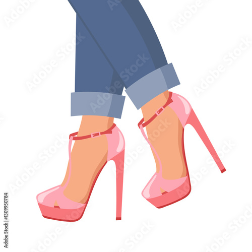 Female legs in pink high heel shoes and blue jeans. Fashion design. Flat style illustration.