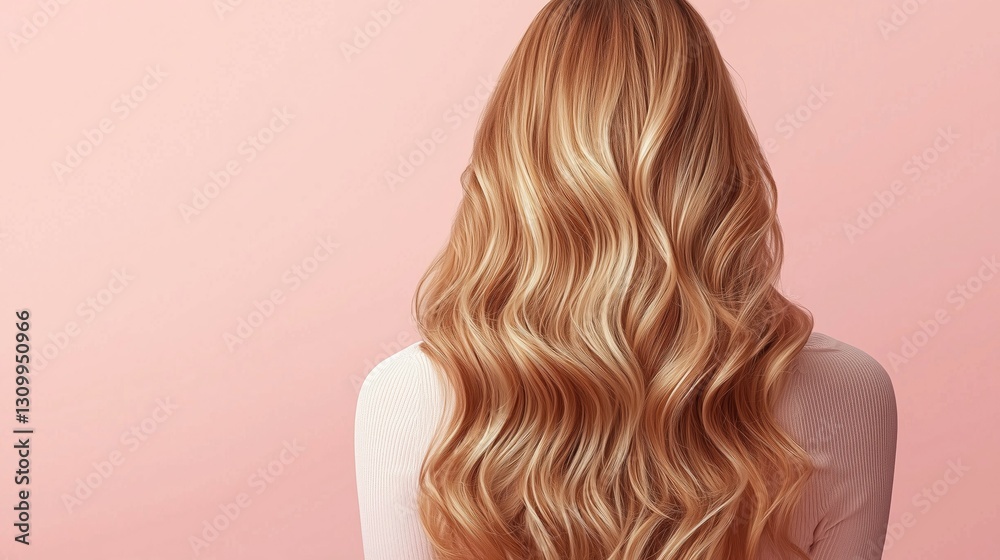 Fototapeta premium girl with blonde long hair back view on light pink background