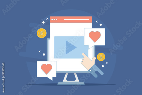 Video Content Marketing Concept, Make money from content creation, Social media video content creators make money online. video influencer. flat vector illustration on background.