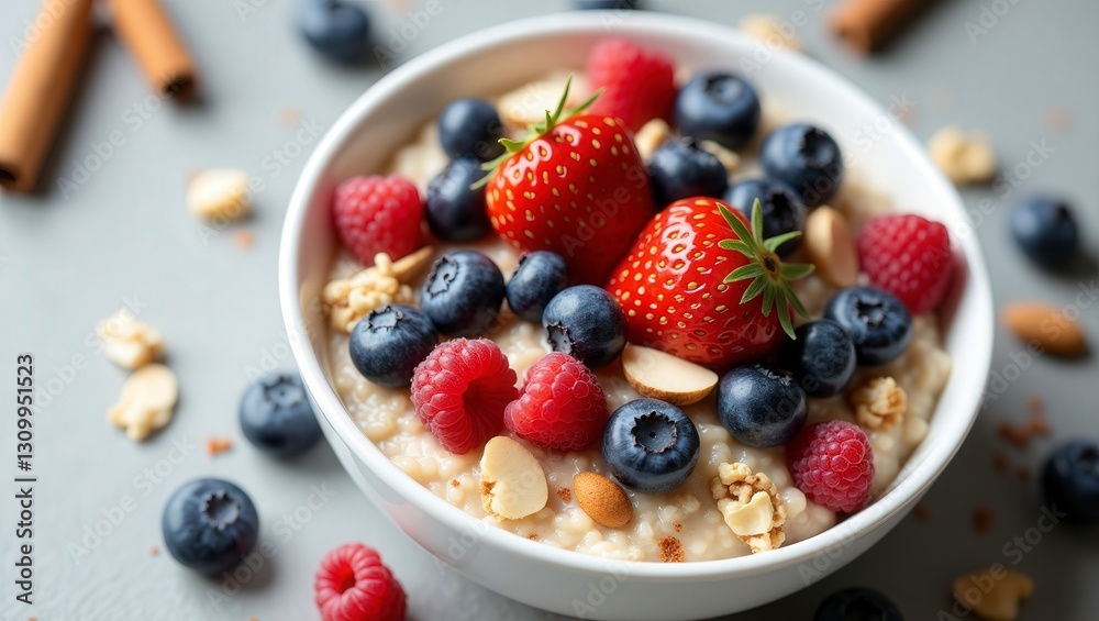 A close-up of a breakfast bowl with oatmeal, blueberries, raspberries, strawberries, and almonds on gray. A close-up of a breakfast bowl with oatmeal, blueberries, raspberries, strawberries, and almonds on gray.