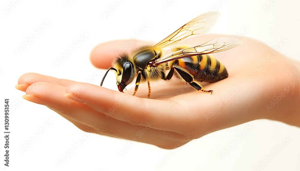Naklejka premium Bee resting on human hand, inside, neutral background