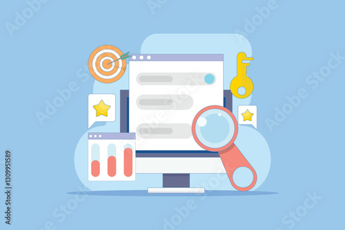 Keyword research concept, keyword targeting, SEO keyword optimization, keyword analysis tool. Search engine marketing with keyword grouping strategy. Flat vector illustration on background.