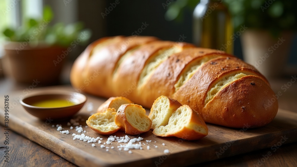 Fototapeta premium A freshly baked artisan loaf rests with olive oil and salt for a delicious appetizer or snack.