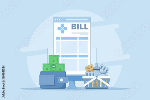 Hospital bill concept, invoice service fee, money wallet, medicine bottle or pills. Hospital Medical Billing Service with Health Form for Hospitalization or Treatment.