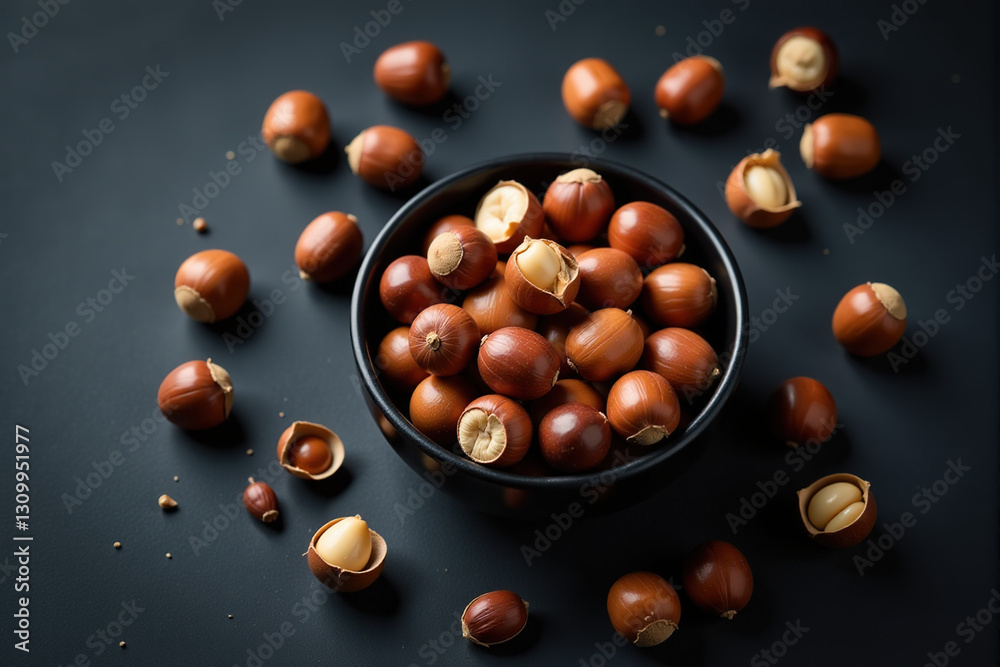 Obraz premium A black bowl filled with acorns is surrounded by more acorns on a dark surface. The image has a moody atmosphere.