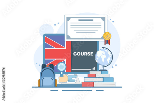 Concept of online English education courses, e-learning and distance learning, foreign language lessons education on the internet, digital marketing. Flat vector illustration on the background.