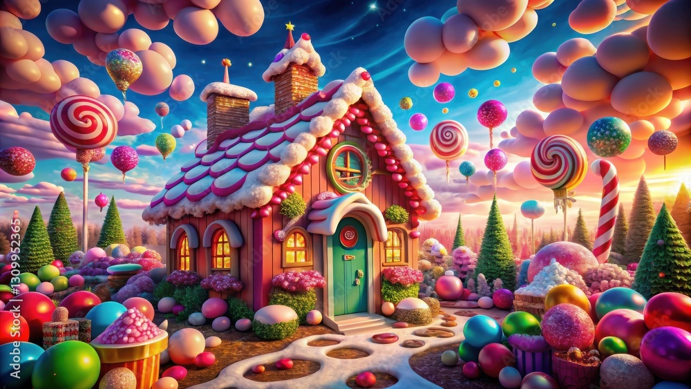 A whimsical gingerbread house nestled amidst a candy-coated landscape, adorned with giant lollipops, shimmering balloons, and whimsical clouds. A whimsical gingerbread house nestled amidst a candy-coated landscape, adorned with giant lollipops, shimmering balloons, and whimsical clouds.