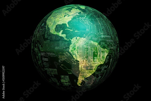 Global electronic circuit network spanning americas, symbolizing technological connectivity and worldwide communication infrastructure