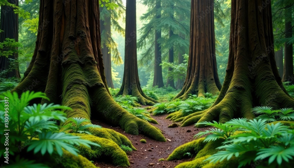 Fototapeta premium Grand redwood trunks rise above ferns and moss-covered undergrowth in a shaded forest, botanical, moss, woodland