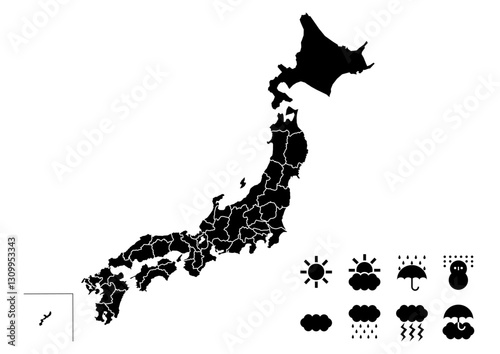 日本地図と天気記号アイコンのイラスト（黒）
