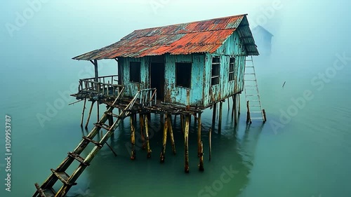 Misty, Abandoned Water House on Stilts