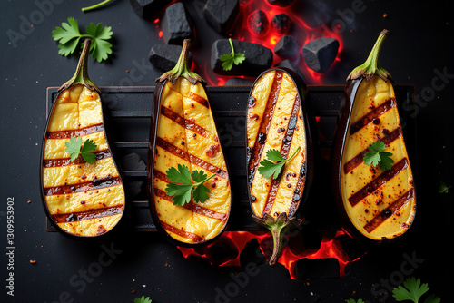 Four grilled eggplant halves with cheese, garnished with parsley, on a grill over hot coals.  Close-up, overhead shot.