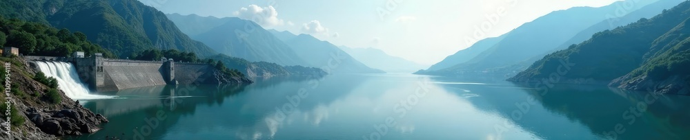 Large hydroelectric dam in the foreground with misty mountains in the background, electricity, reservoir Large hydroelectric dam in the foreground with misty mountains in the background, electricity, reservoir