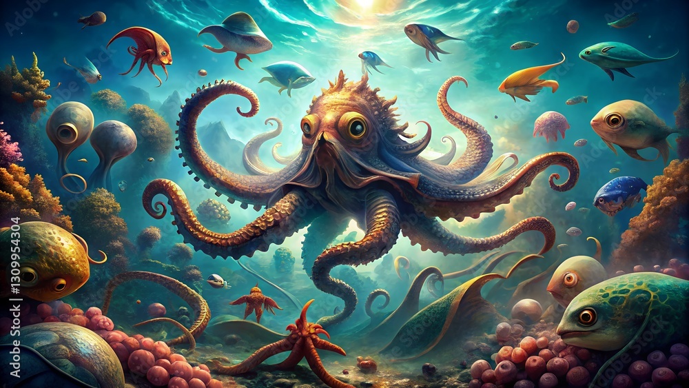 Obraz premium Legendary Sea Creatures: Kraken, Mermaids, and Leviathans in a Mythical Ocean Landscape