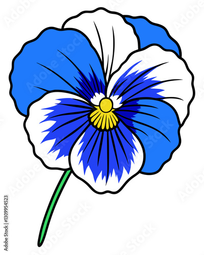 Vibrant blue and white pansy flower illustration with detailed petals