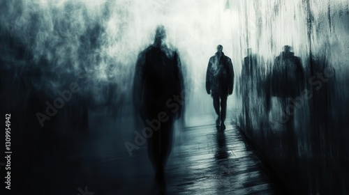 Mysterious silhouettes move through a dark, abstract space filled with blurred shadows and a sense of fear Generative AI
