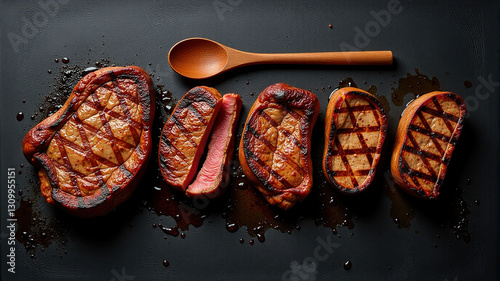 Wallpaper Mural Overhead shot of grilled steaks on a dark surface with a wooden spoon. Torontodigital.ca
