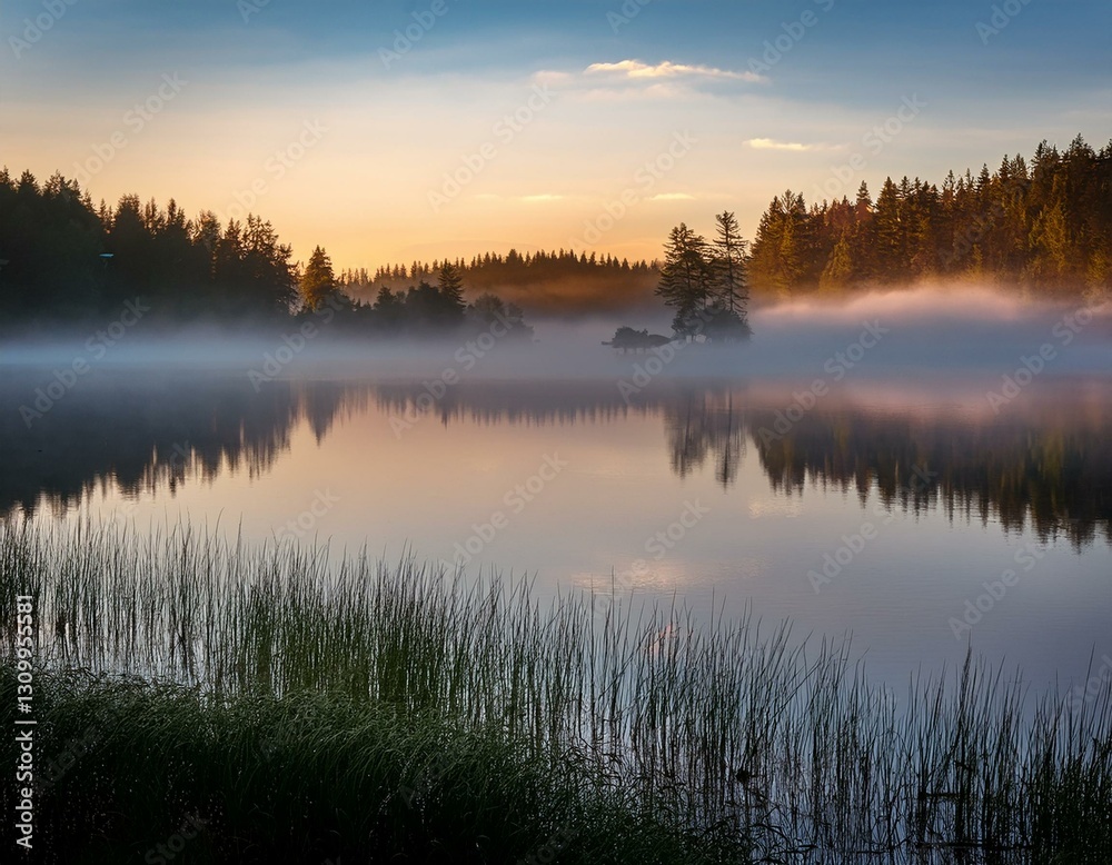 Fototapeta premium A misty fog rolling over a quiet lake at dawn