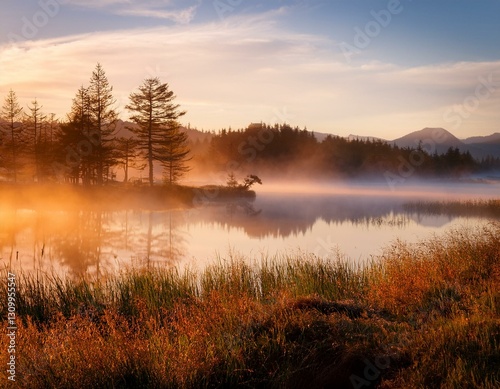 A misty fog rolling over a quiet lake at dawn