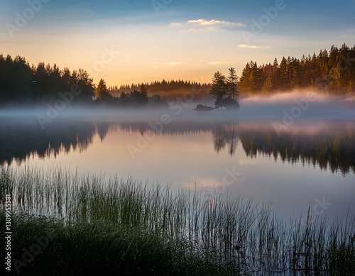 A misty fog rolling over a quiet lake at dawn
