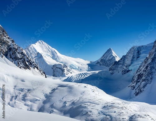A snowy mountain landscape with a clear blue sky