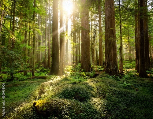  A lush forest with sunlight filtering through the trees