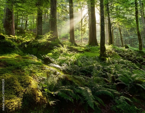  A lush forest with sunlight filtering through the trees