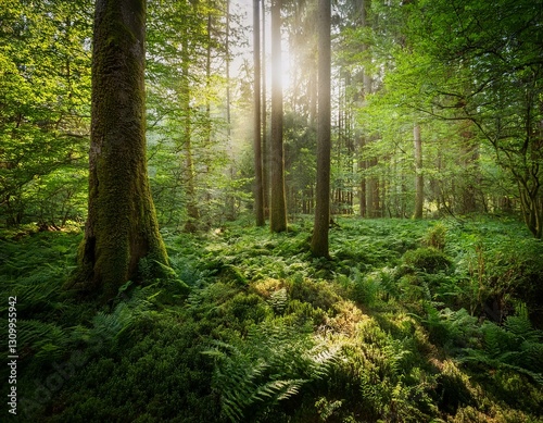  A lush forest with sunlight filtering through the trees