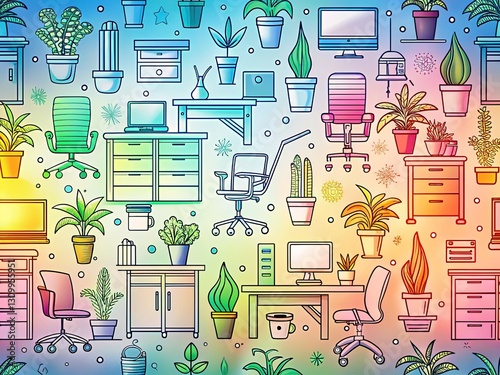 Bokeh-drenched office sketch, a colorful pattern.