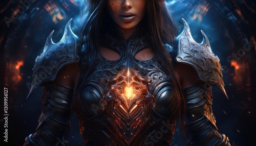 A fierce warrior in glowing armor stands ready in a dark fantasy realm.