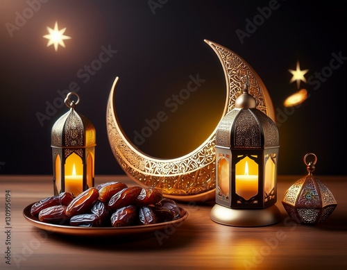A set of Ramadan-themed decorative objects, including a crescent moon, lantern, and dates