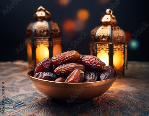 A collection of dates in an ornate bowl surrounded by soft, glowing lanterns