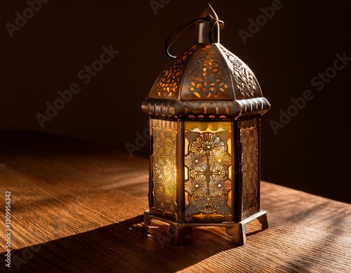 Detailed patterns of a Ramadan lantern, with soft candlelight glowing from inside